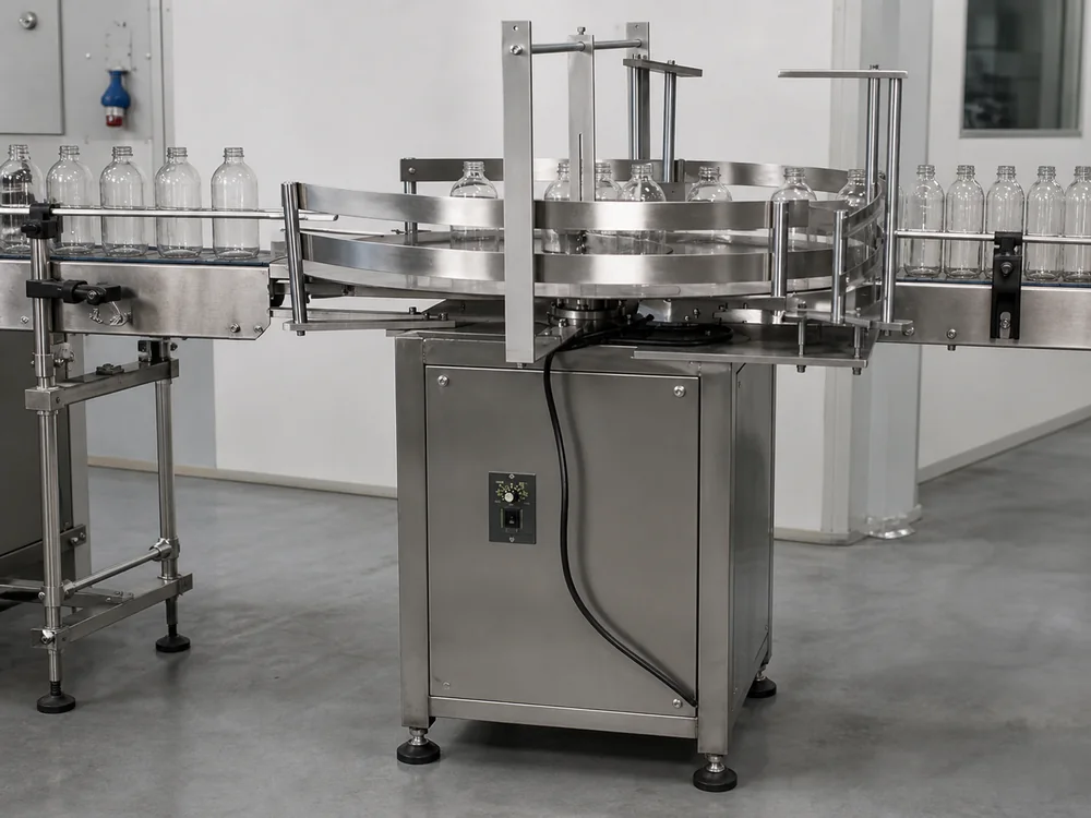 Rotary accumulation table controlling bottle flow between packaging machines