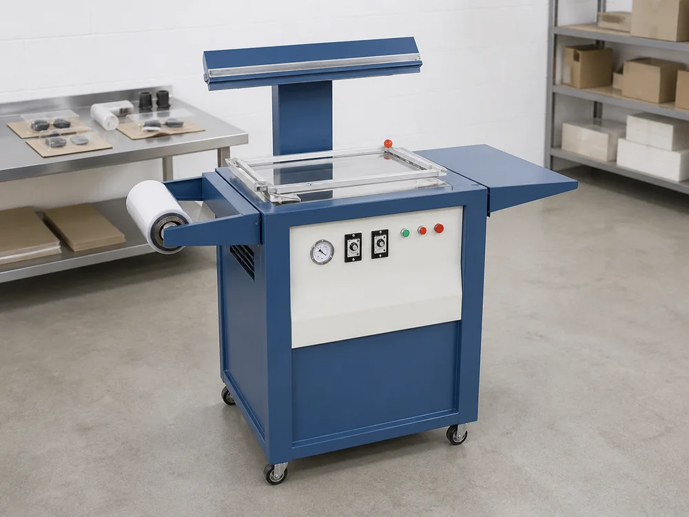 Automatic blister and skin packing machine sealing products in production