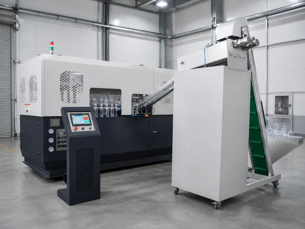 Automatic PET bottle blow moulding cell producing containers in a factory