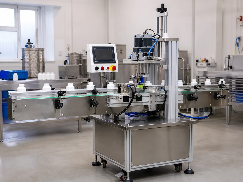 Rotary capping machine applying caps to bottles in production