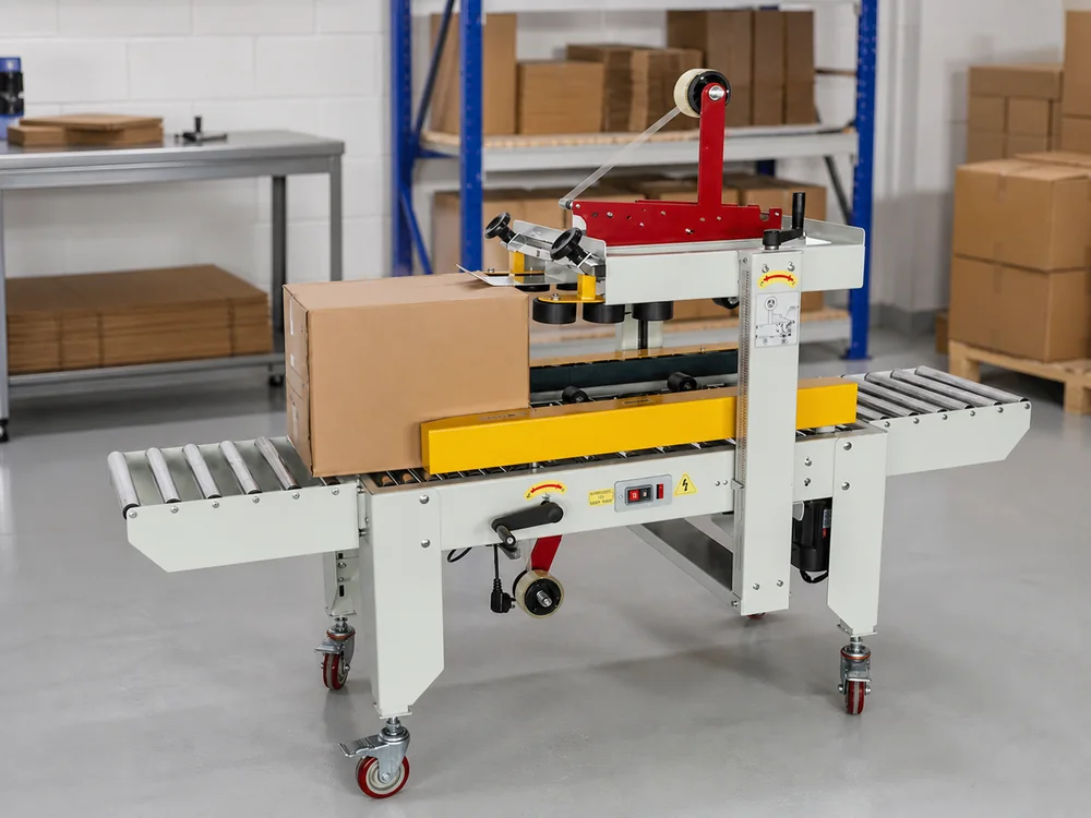 Automatic case taper sealing cartons at the end of a production line