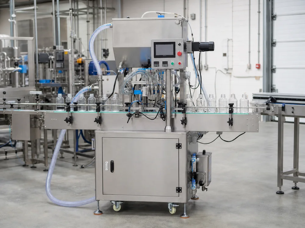 Automatic multi-head liquid filling machine operating on a bottle production line