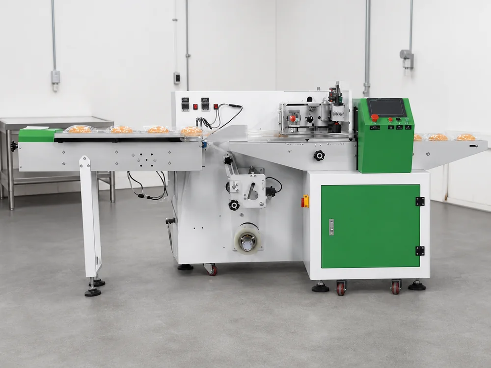 Horizontal flow wrapping machine packaging products on a production line
