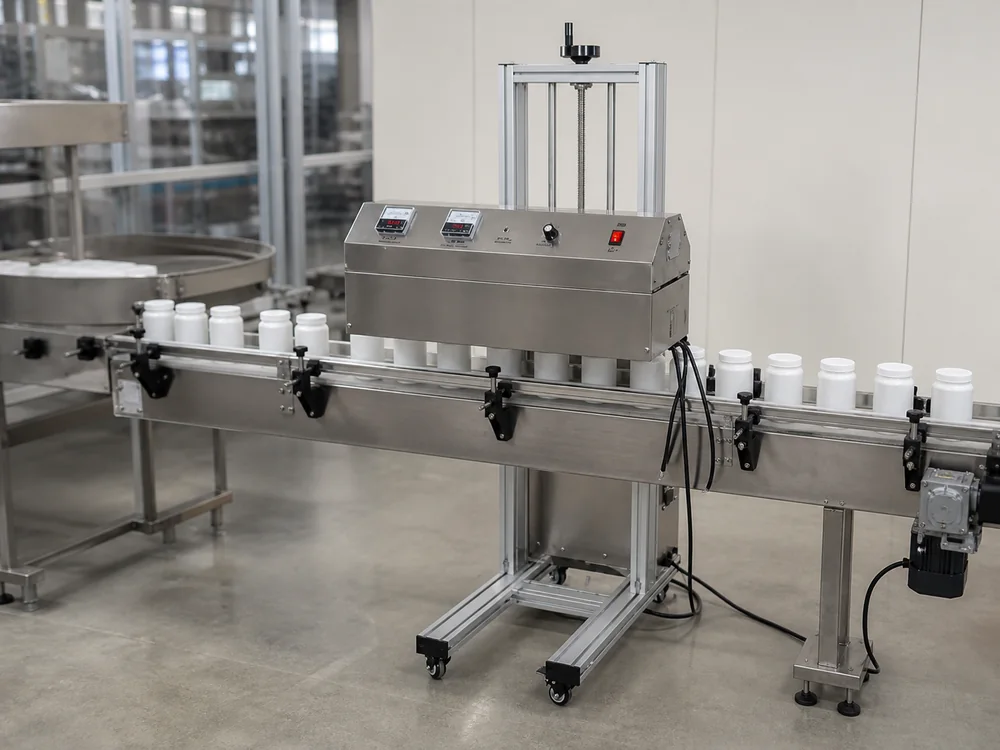 Induction sealing unit operating over capped containers on a conveyor