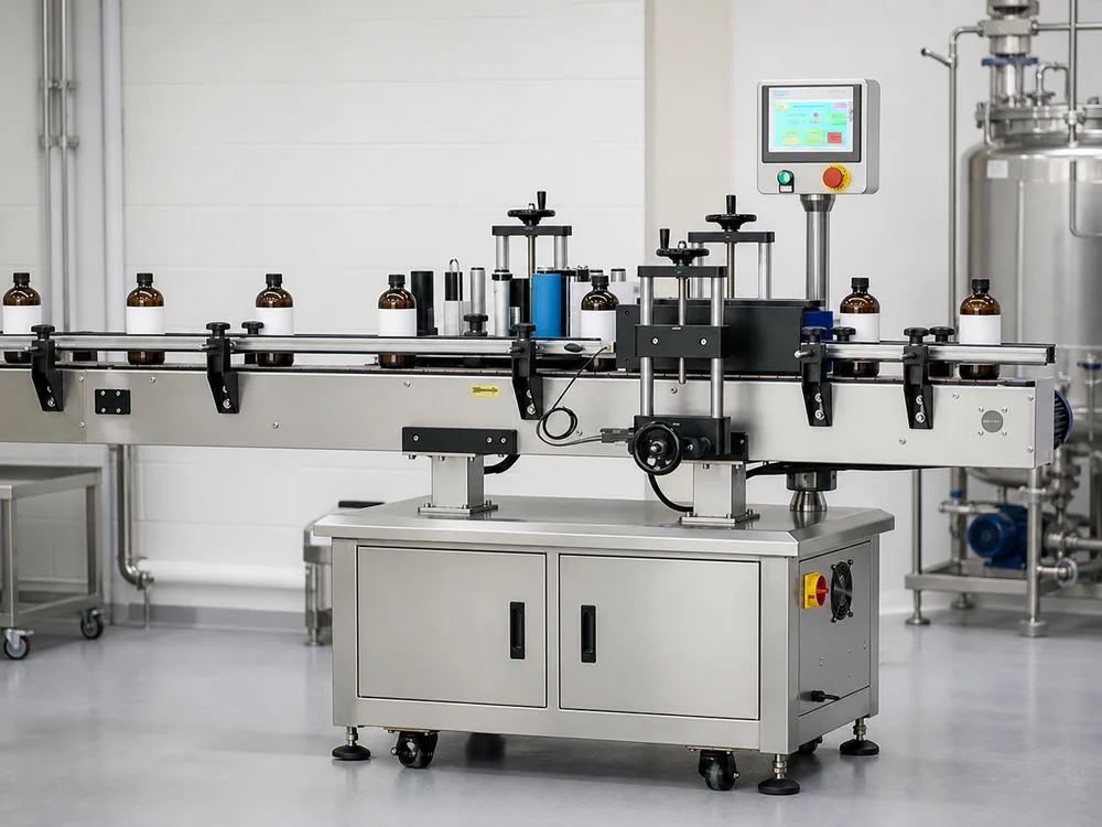 Automatic labelling station applying labels to bottles on a production conveyor