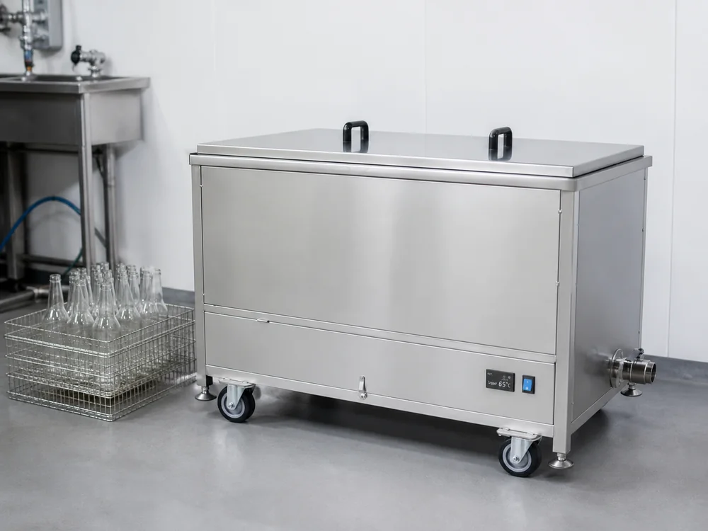 Stainless bath pasteuriser processing bottles in a hygienic production room