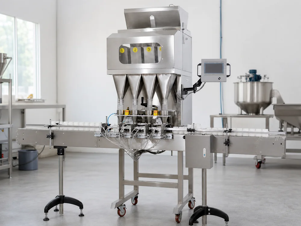 Automatic auger powder filling machine dosing tubs in a clean production room