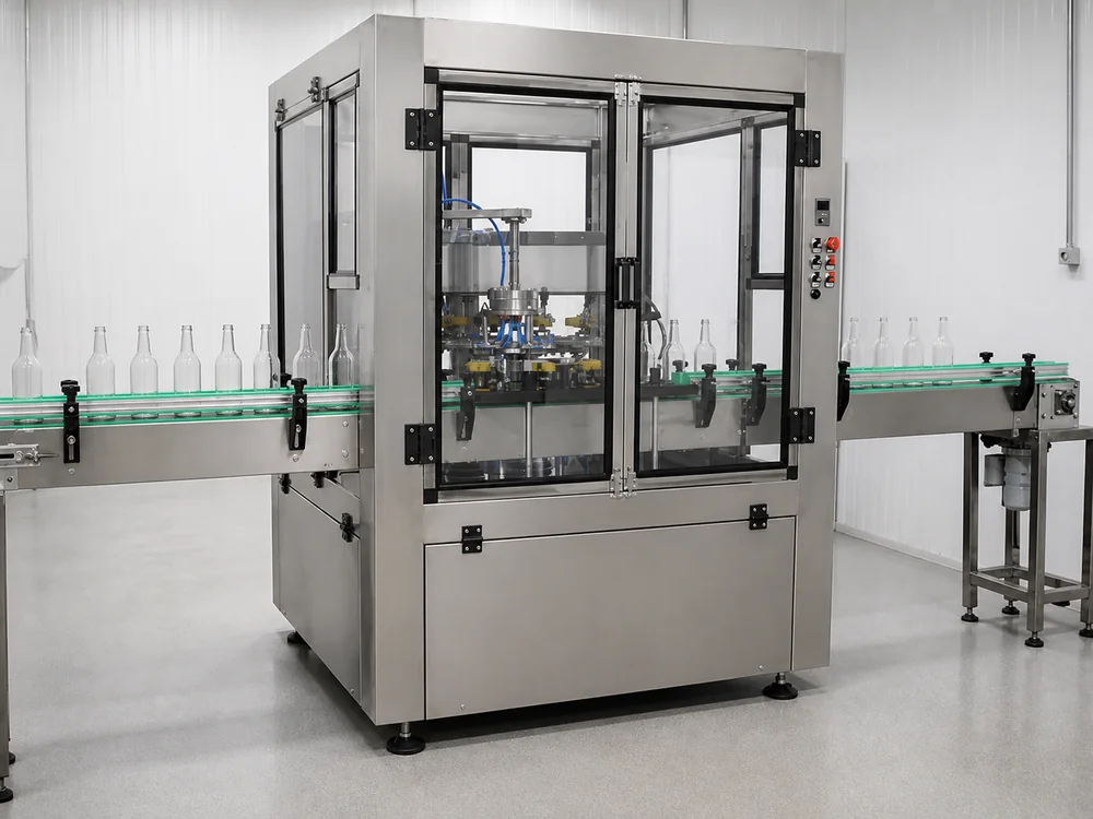 Rotary bottle rinsing machine operating before the filling stage