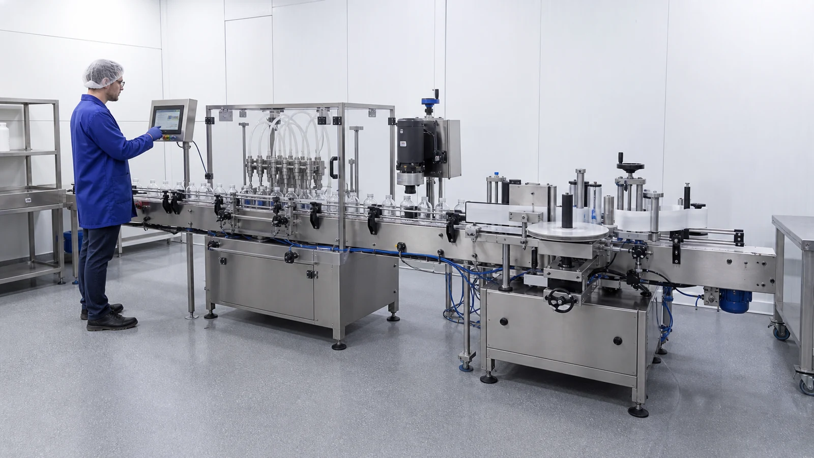Compact filling, capping and labelling line operating in a clean production room