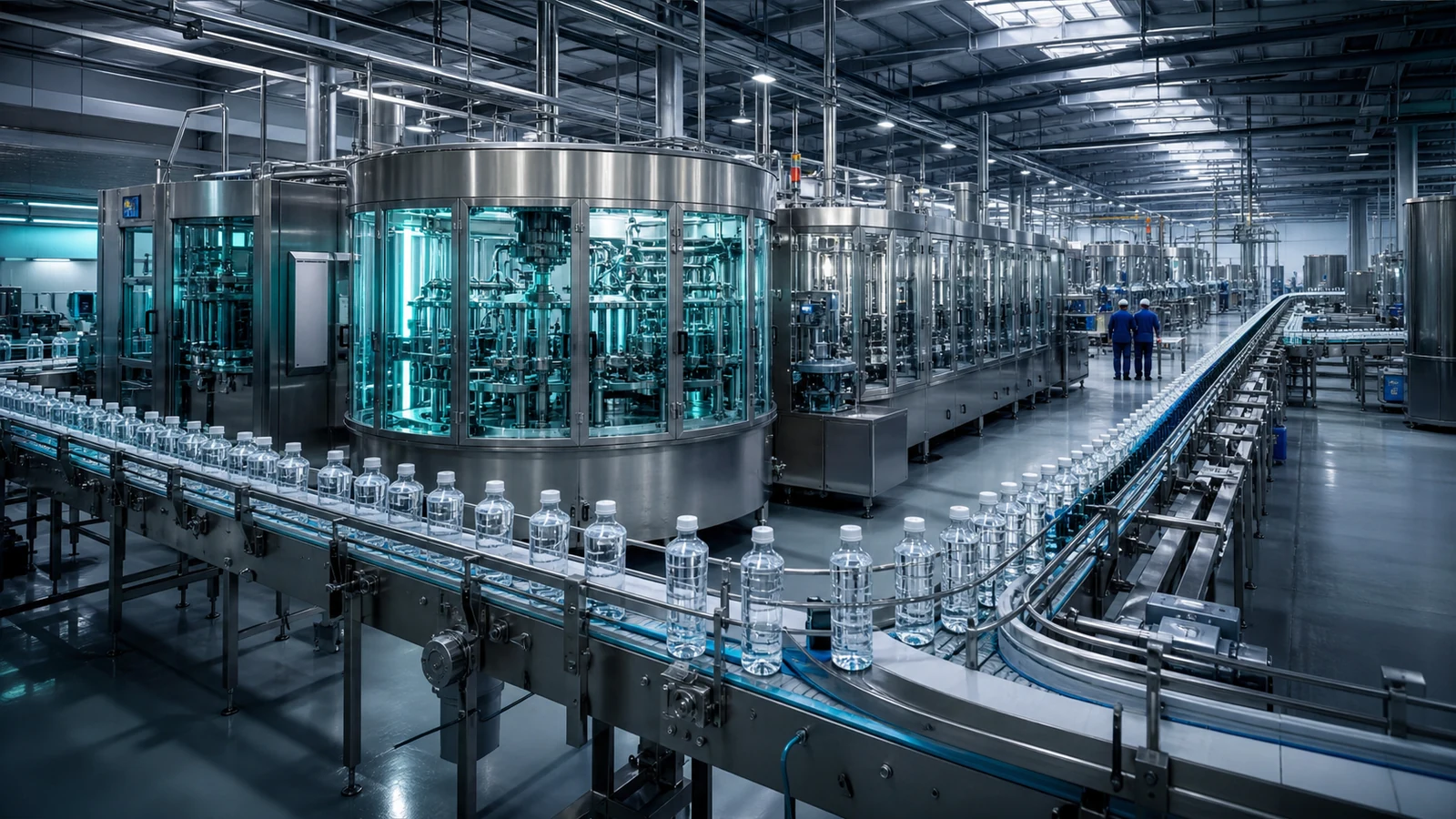 High-output automated bottling line operating in a large production hall
