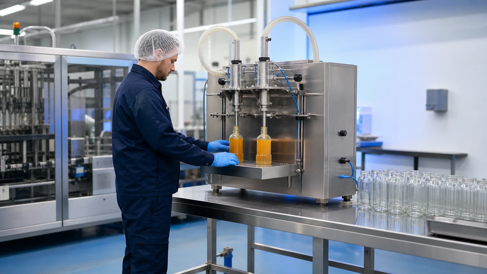 Operator using a semi-automatic twin-head liquid filling station on a production floor